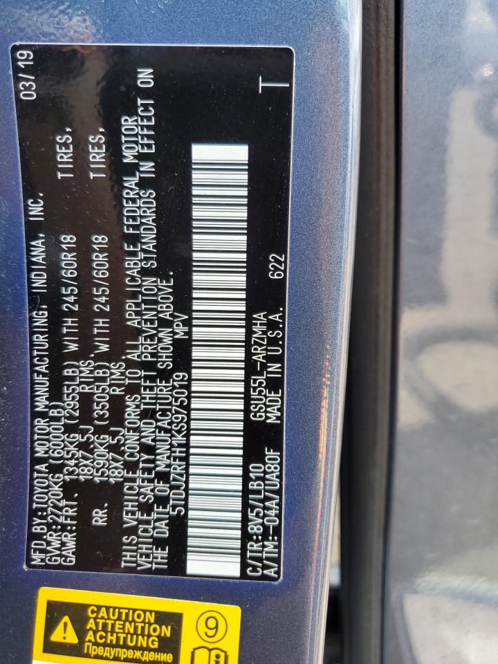 5TDJZRFH1KS975019 2019 Toyota Highlander Se