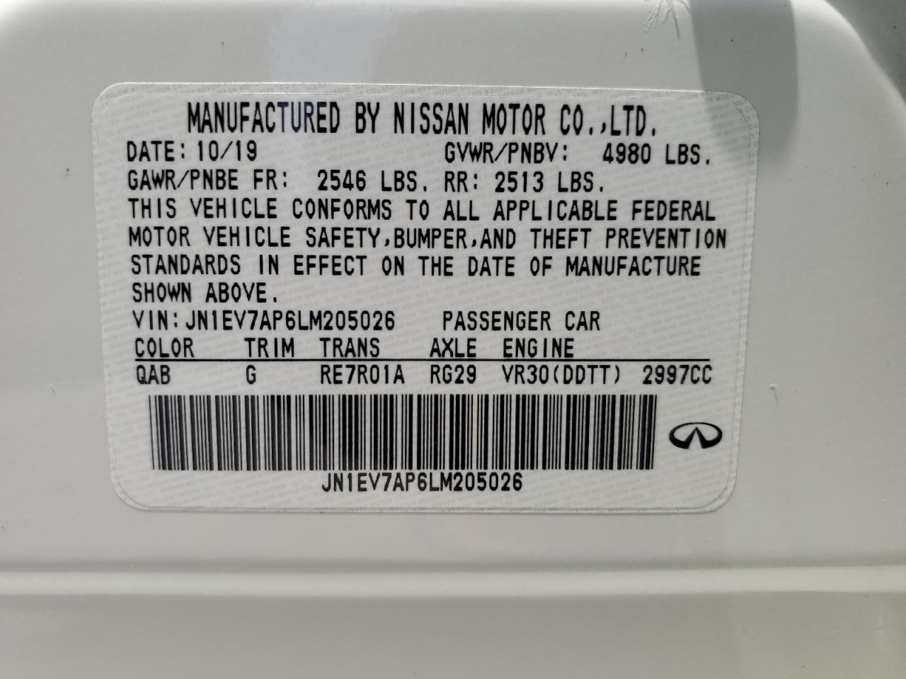 JN1EV7AP6LM205026 2020 Infiniti Q50 Pure