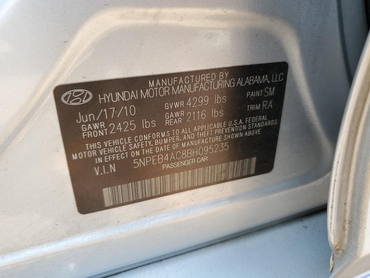 5NPEB4AC8BH095235 2011 Hyundai Sonata Gls