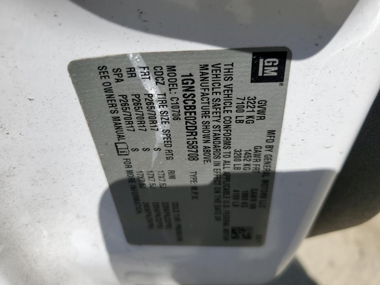 1GNSCBE02DR158708 2013 Chevrolet Tahoe C1500 Lt