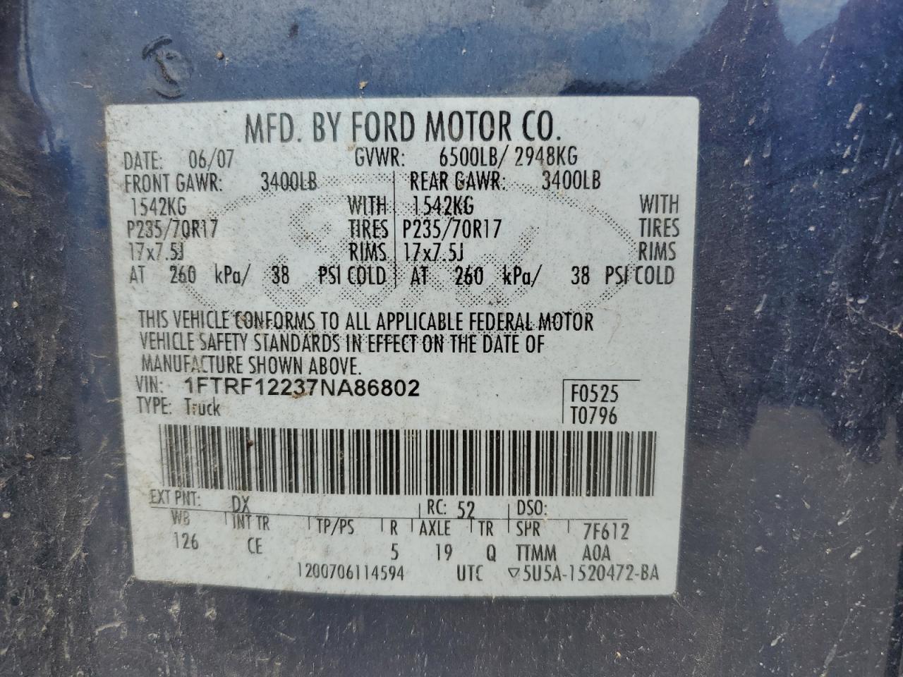 1FTRF12237NA86802 2007 Ford F150