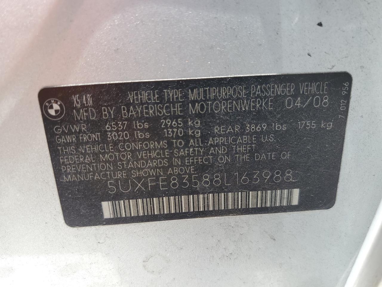 5UXFE83588L163988 2008 BMW X5 4.8I