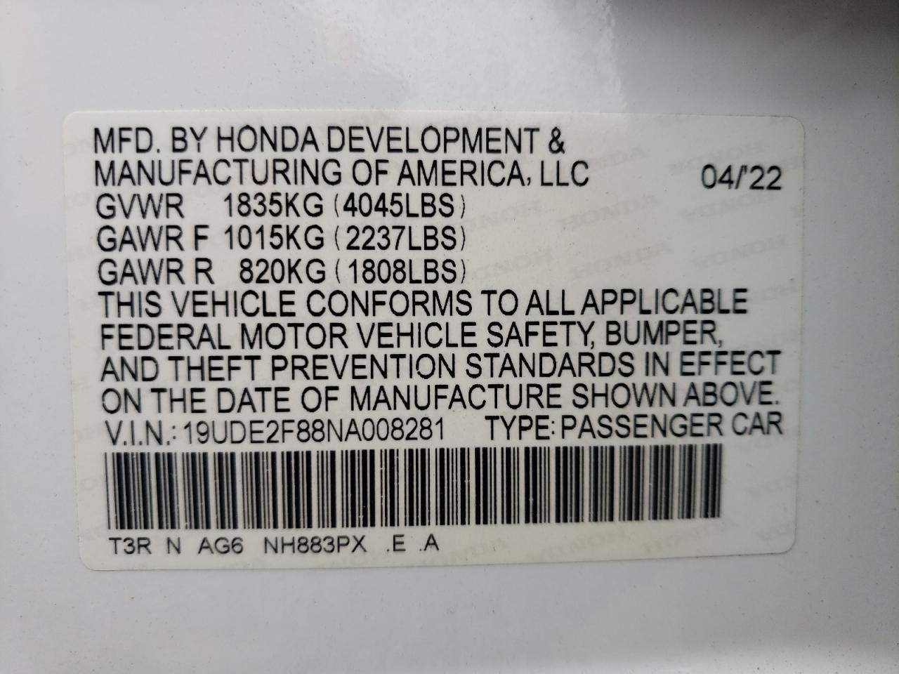 19UDE2F88NA008281 2022 Acura Ilx Premium A-Spec