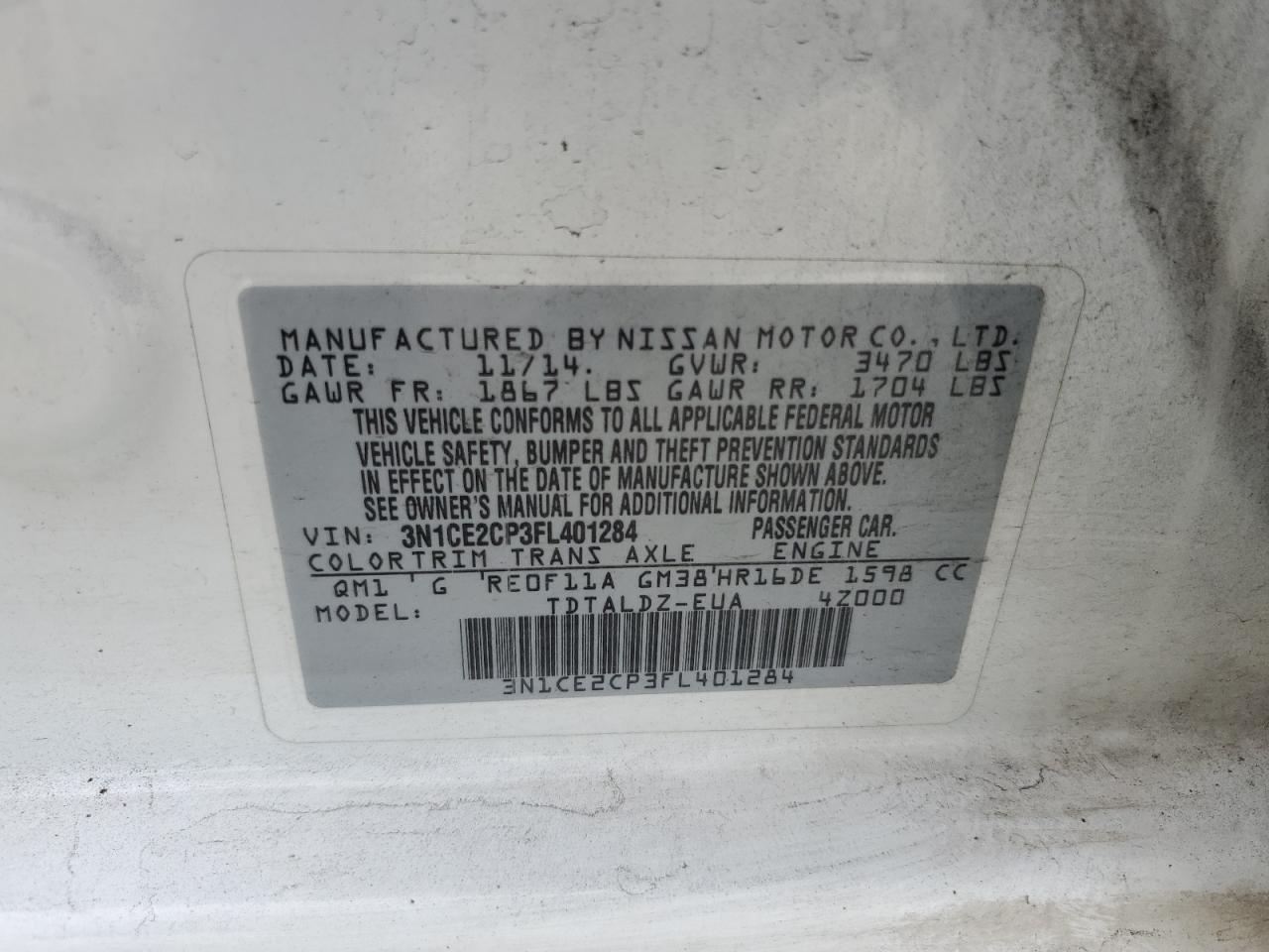 3N1CE2CP3FL401284 2015 Nissan Versa Note S