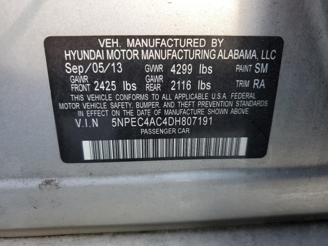 5NPEC4AC4DH807191 2013 Hyundai Sonata Se