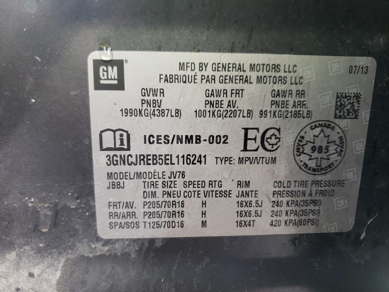 3GNCJREB5EL116241 2014 Chevrolet Trax 2Lt