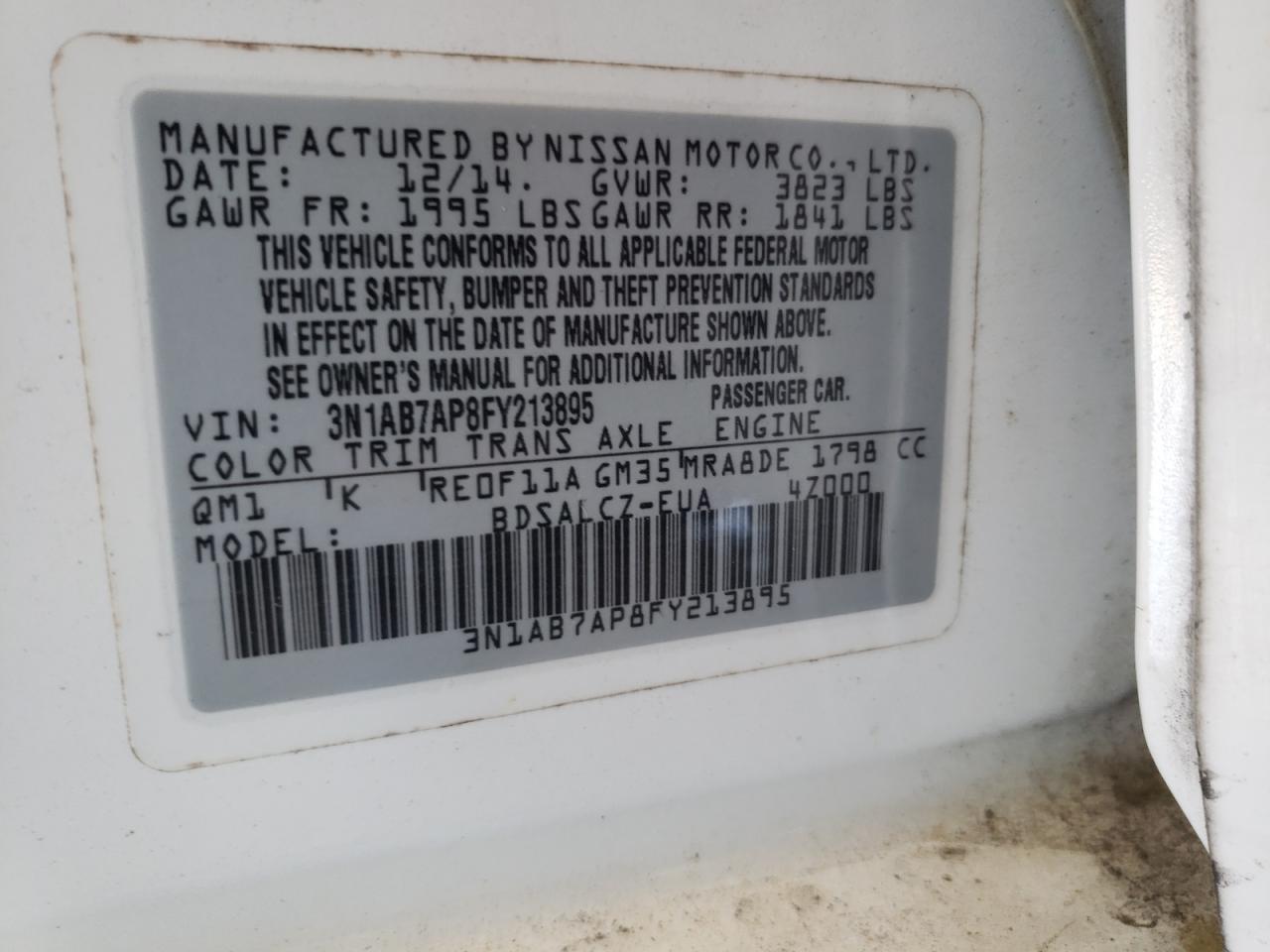 3N1AB7AP8FY213895 2015 Nissan Sentra S