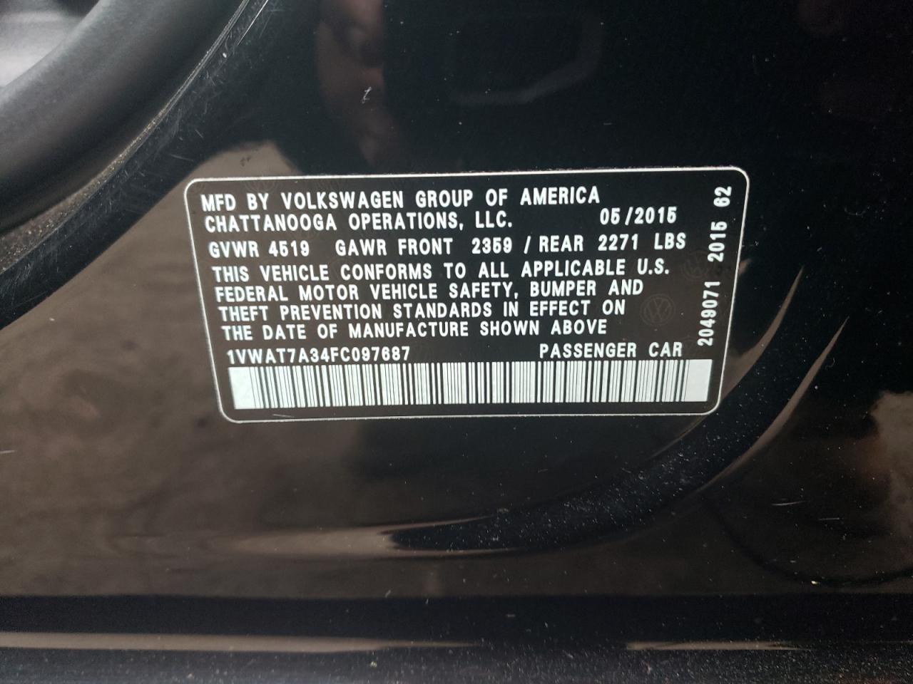 1VWAT7A34FC097687 2015 Volkswagen Passat S