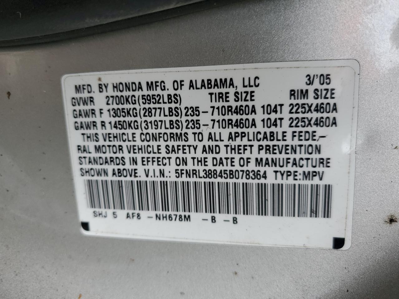 5FNRL38845B078364 2005 Honda Odyssey Touring