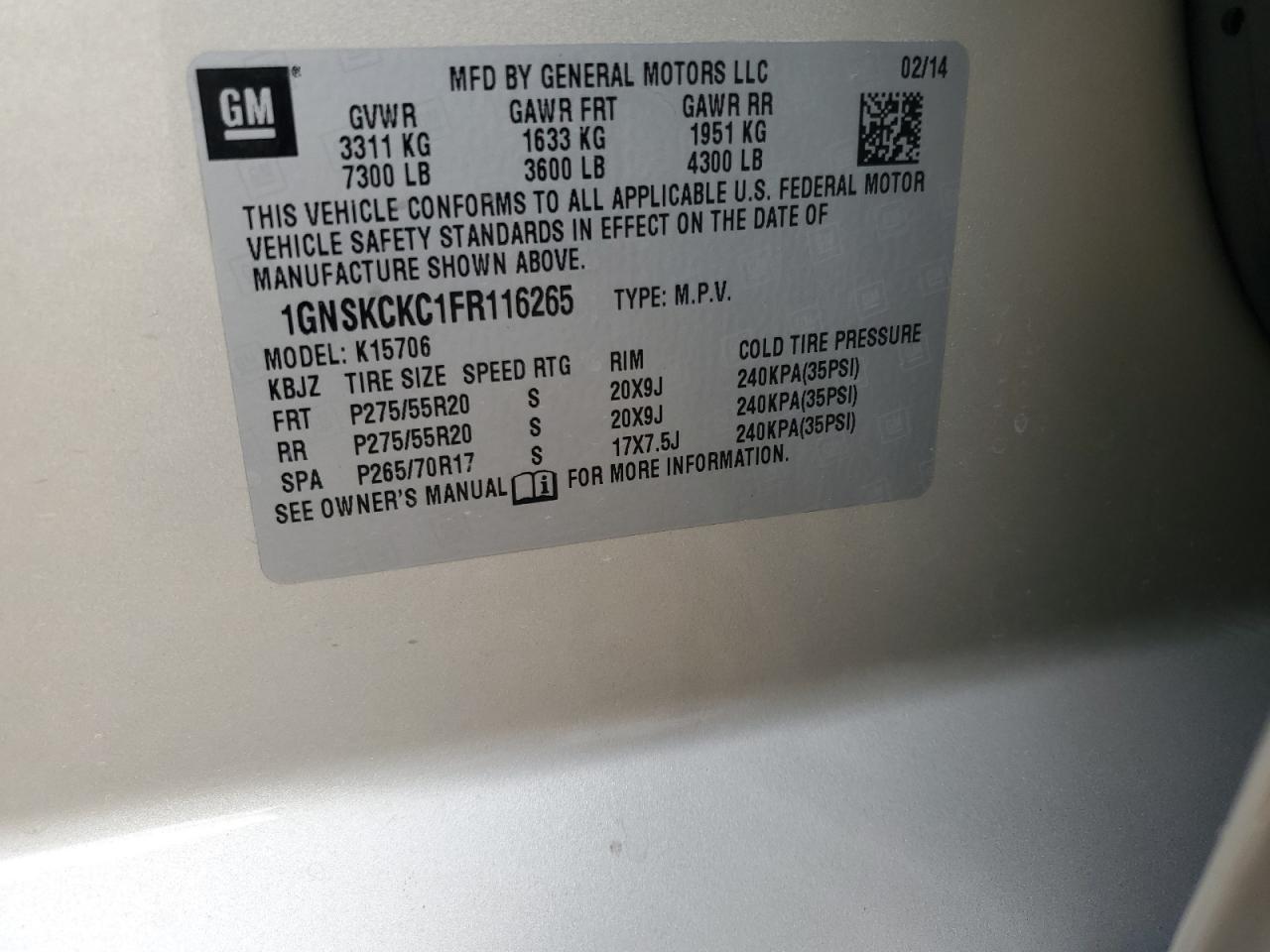 1GNSKCKC1FR116265 2015 Chevrolet Tahoe K1500 Ltz