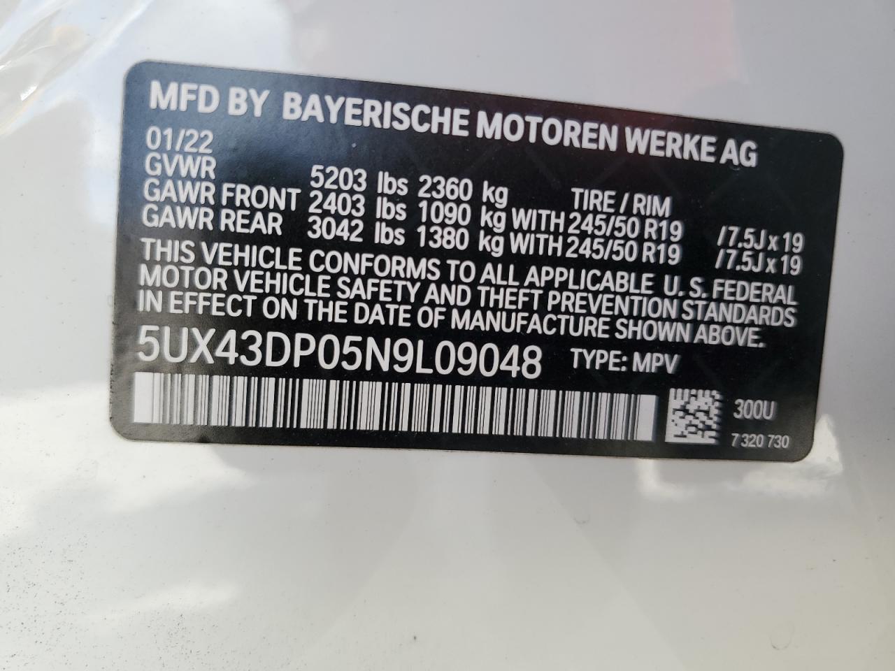 2022 BMW X3 Sdrive30I vin: 5UX43DP05N9L09048