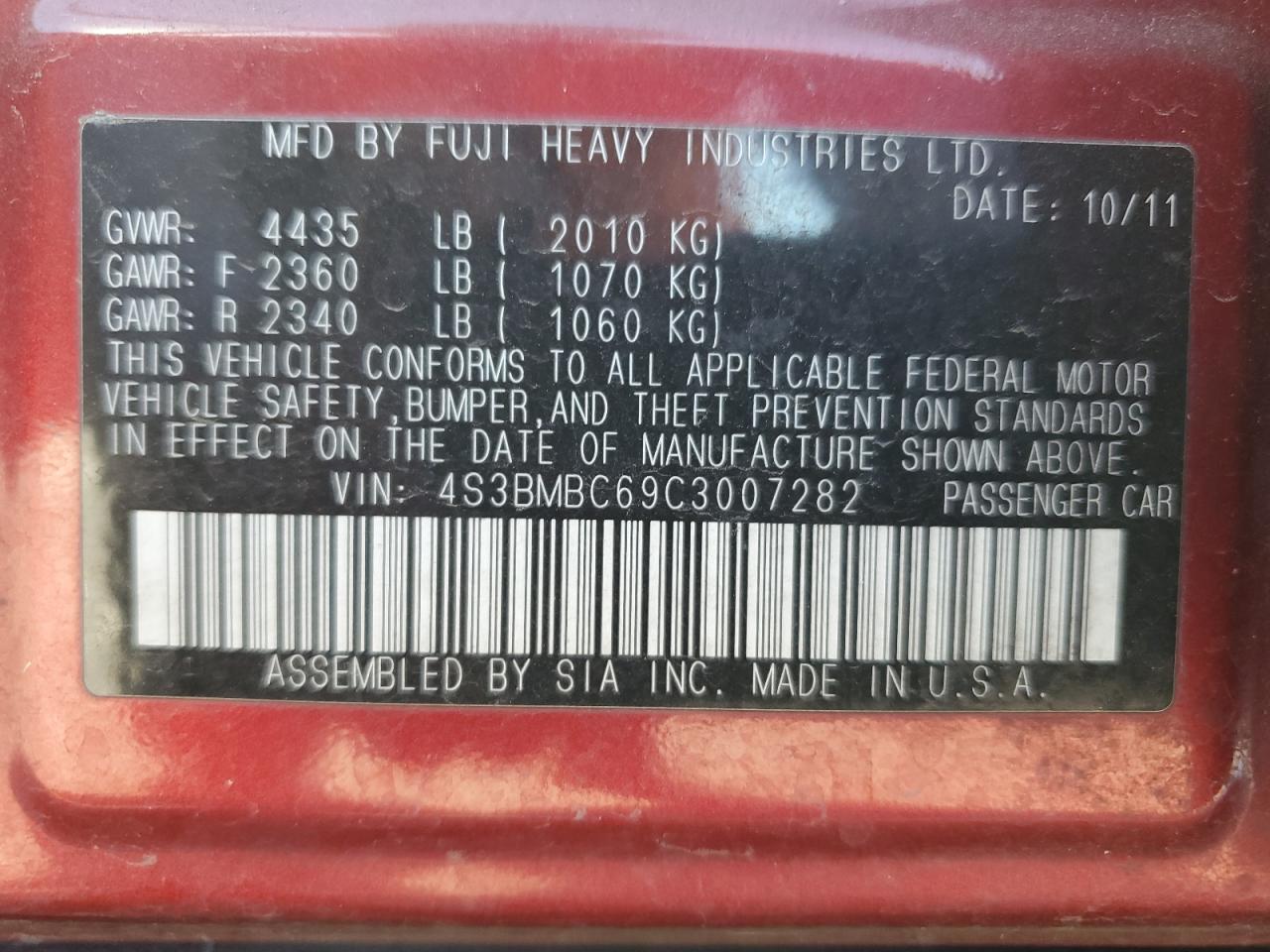 4S3BMBC69C3007282 2012 Subaru Legacy 2.5I Premium