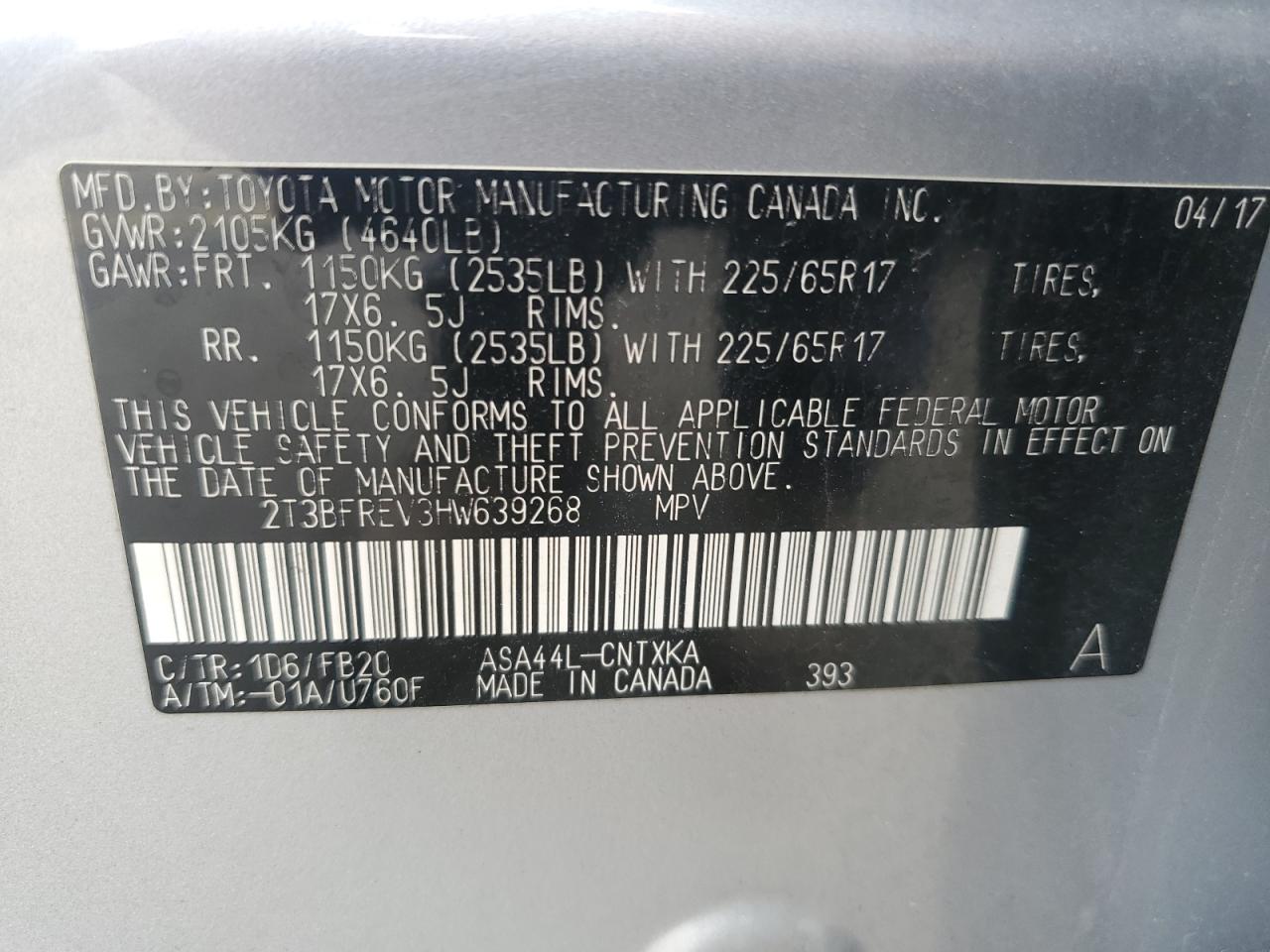 2T3BFREV3HW639268 2017 Toyota Rav4 Le