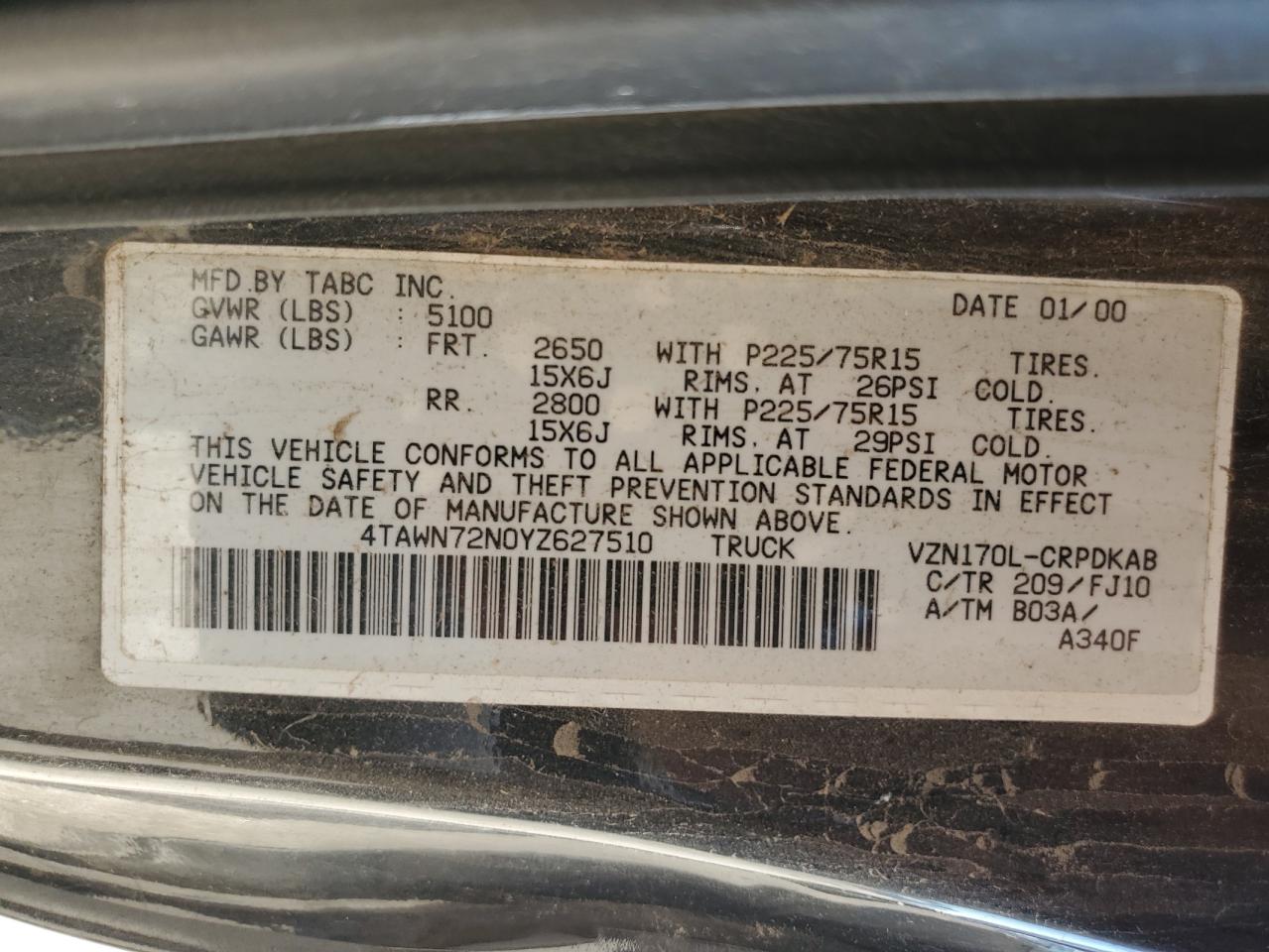 4TAWN72N0YZ627510 2000 Toyota Tacoma Xtracab