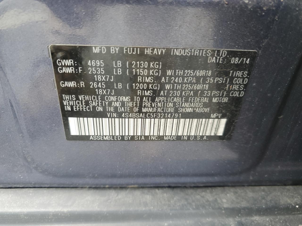 4S4BSALC5F3214791 2015 Subaru Outback 2.5I Limited