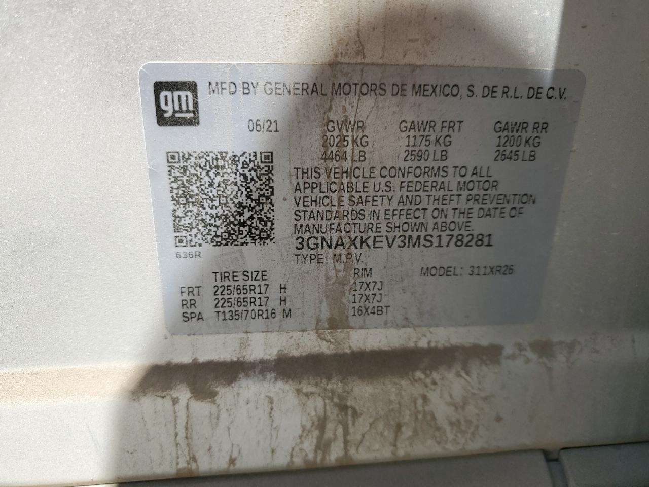 3GNAXKEV3MS178281 2021 Chevrolet Equinox Lt