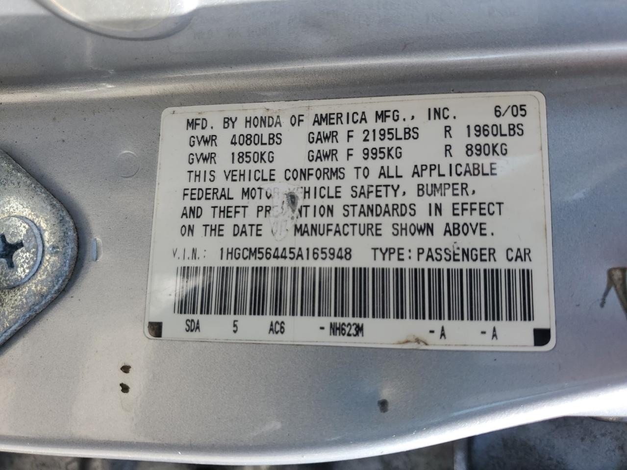 1HGCM56445A165948 2005 Honda Accord Lx