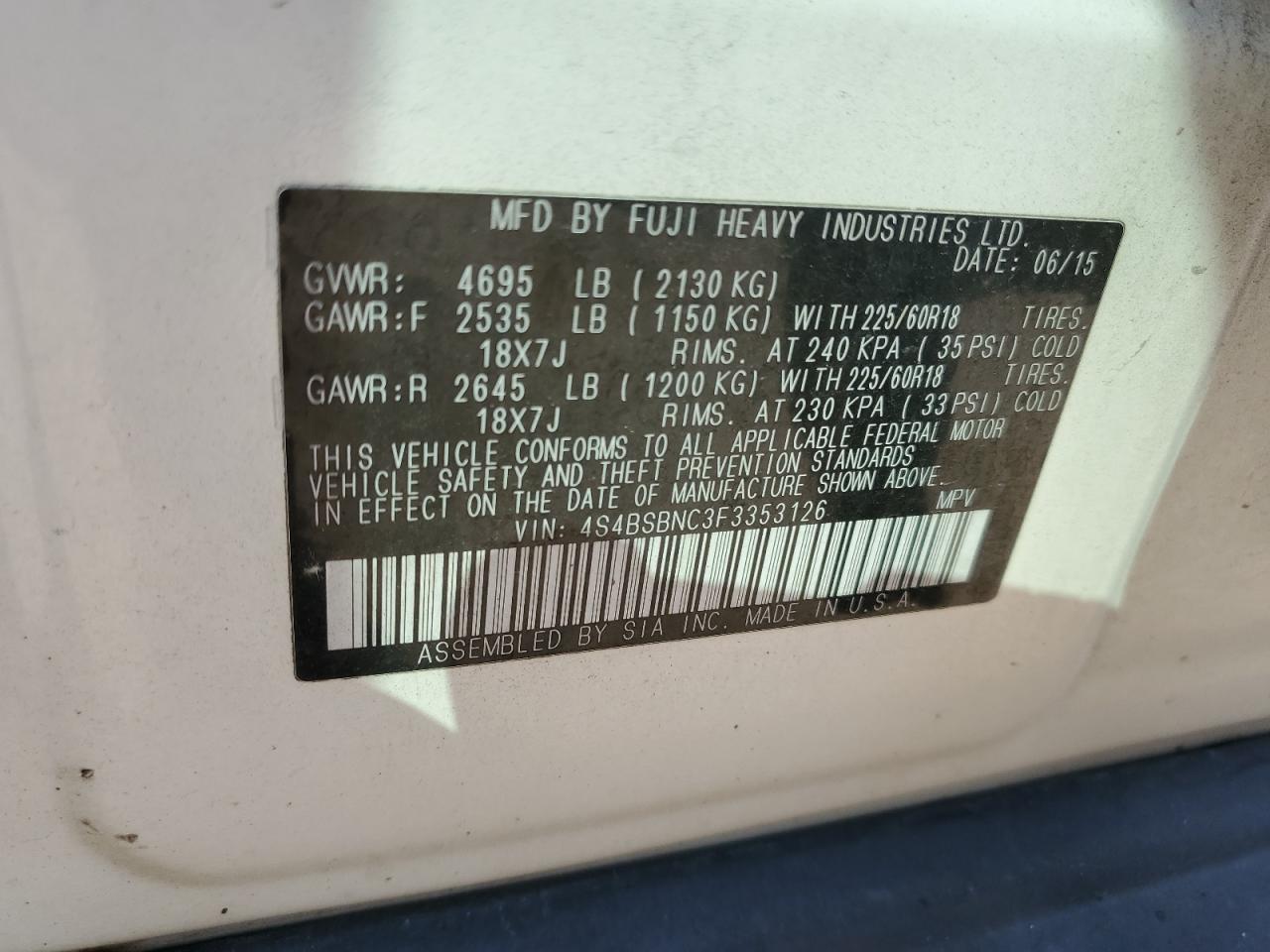 4S4BSBNC3F3353126 2015 Subaru Outback 2.5I Limited