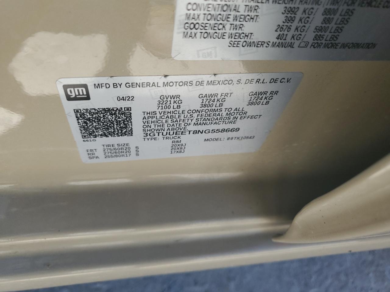 3GTUUEET8NG558669 2022 GMC Sierra K1500 At4