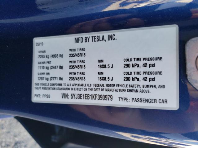 2019 Tesla Model 3 VIN: 5YJ3E1EB1KF390979 Lot: 58607924