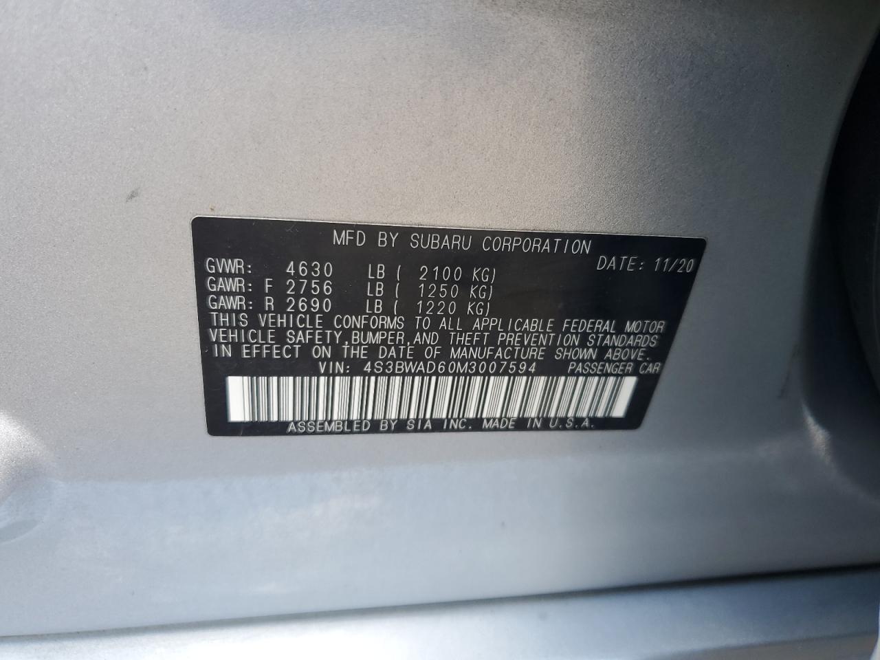 4S3BWAD60M3007594 2021 Subaru Legacy Premium