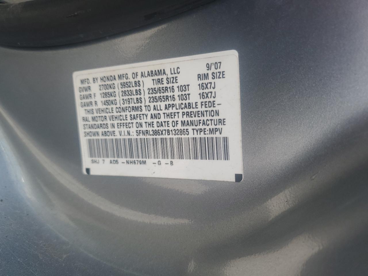 5FNRL386X7B132865 2007 Honda Odyssey Exl