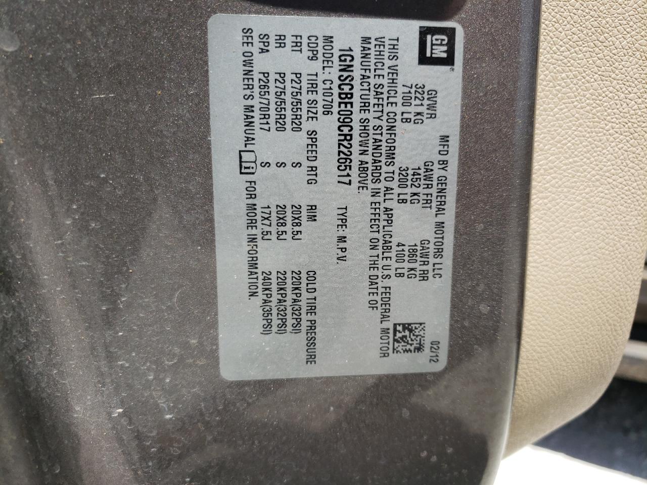 1GNSCBE09CR226517 2012 Chevrolet Tahoe C1500 Lt