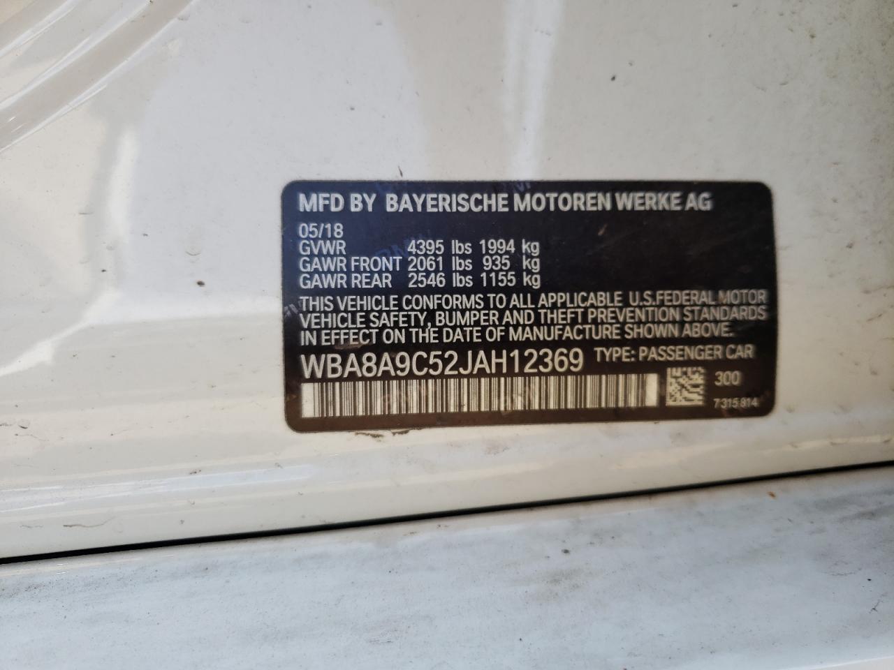 WBA8A9C52JAH12369 2018 BMW 320 I