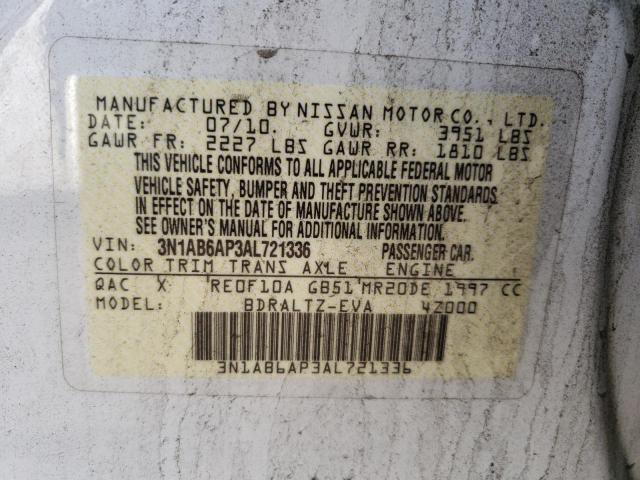 2010 Nissan Sentra 2.0 VIN: 3N1AB6AP3AL721336 Lot: 60388094