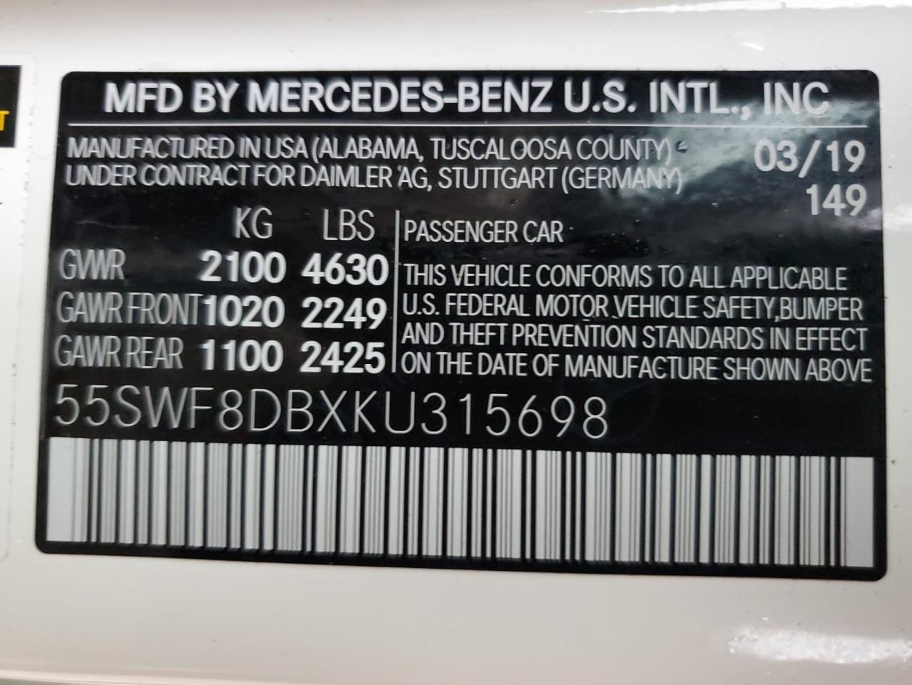 55SWF8DBXKU315698 2019 Mercedes-Benz C 300