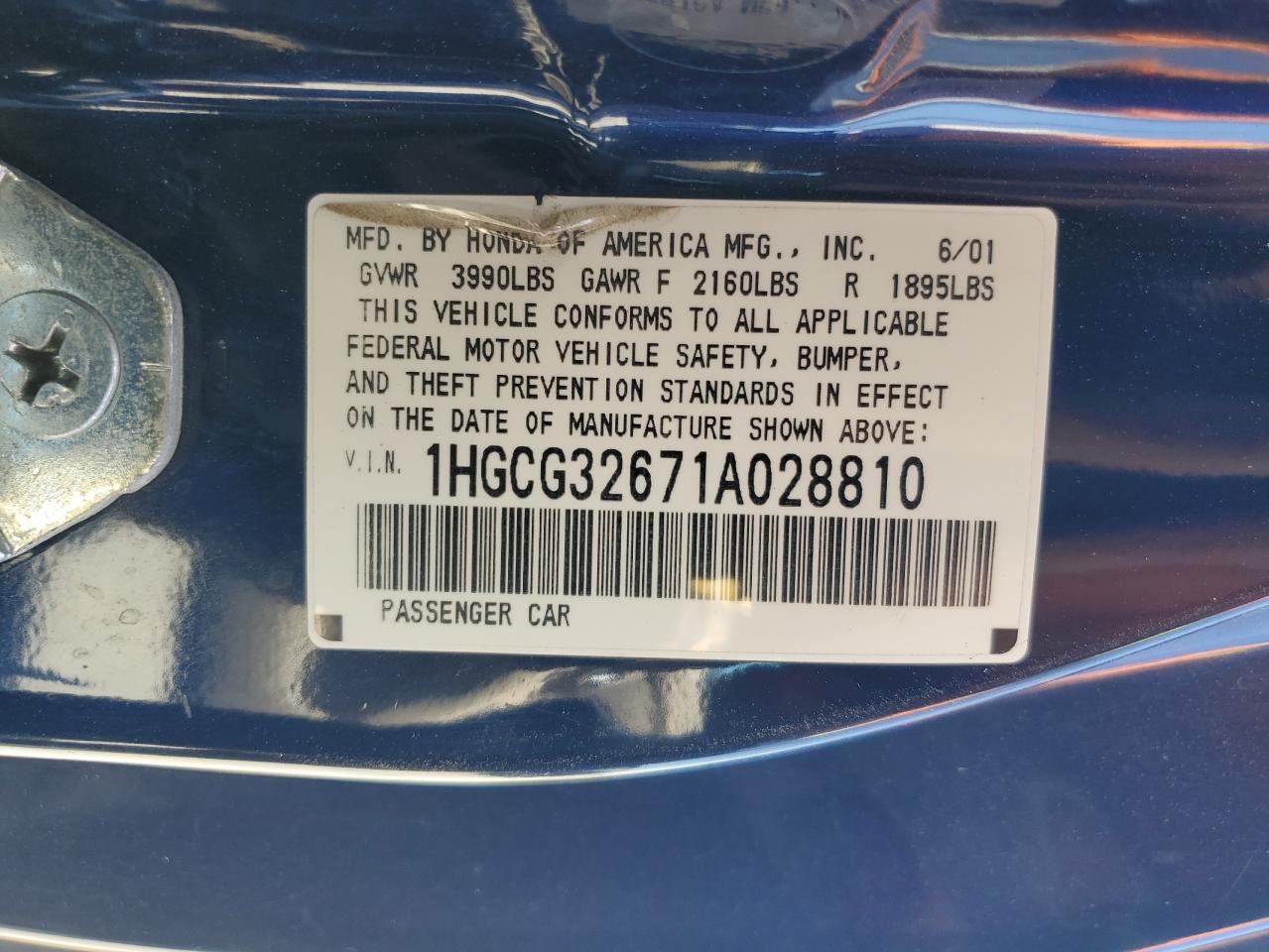 1HGCG32671A028810 2001 Honda Accord Lx