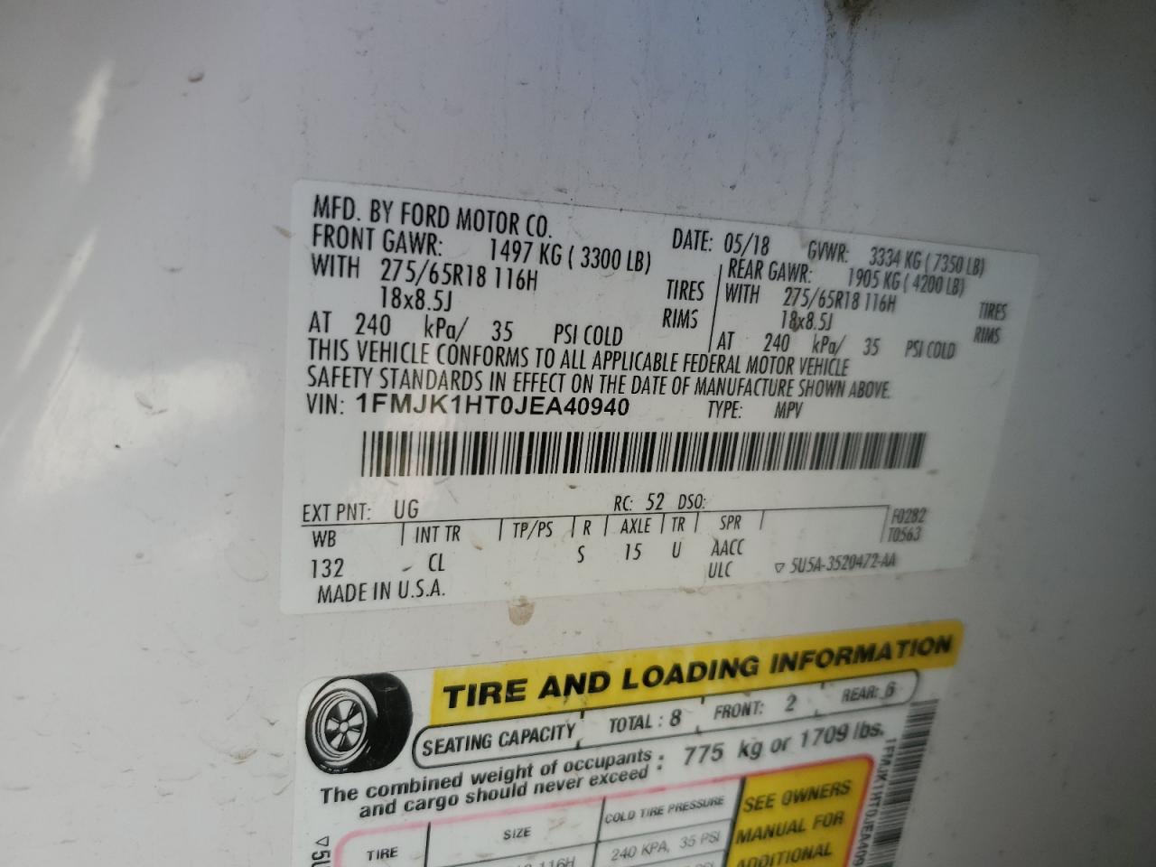 1FMJK1HT0JEA40940 2018 Ford Expedition Max Xlt