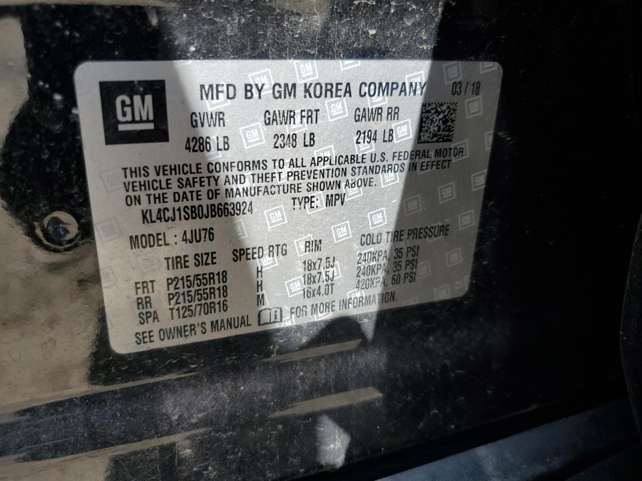 KL4CJ1SB0JB663924 2018 Buick Encore Sport Touring