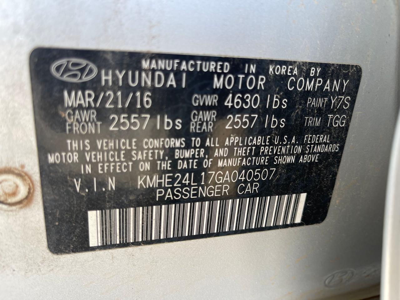 KMHE24L17GA040507 2016 Hyundai Sonata Hybrid