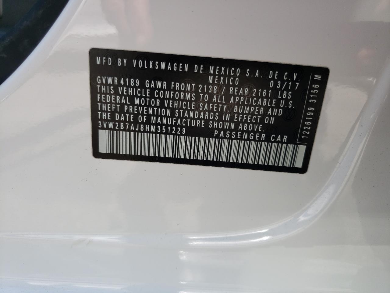 3VW2B7AJ8HM351229 2017 Volkswagen Jetta S