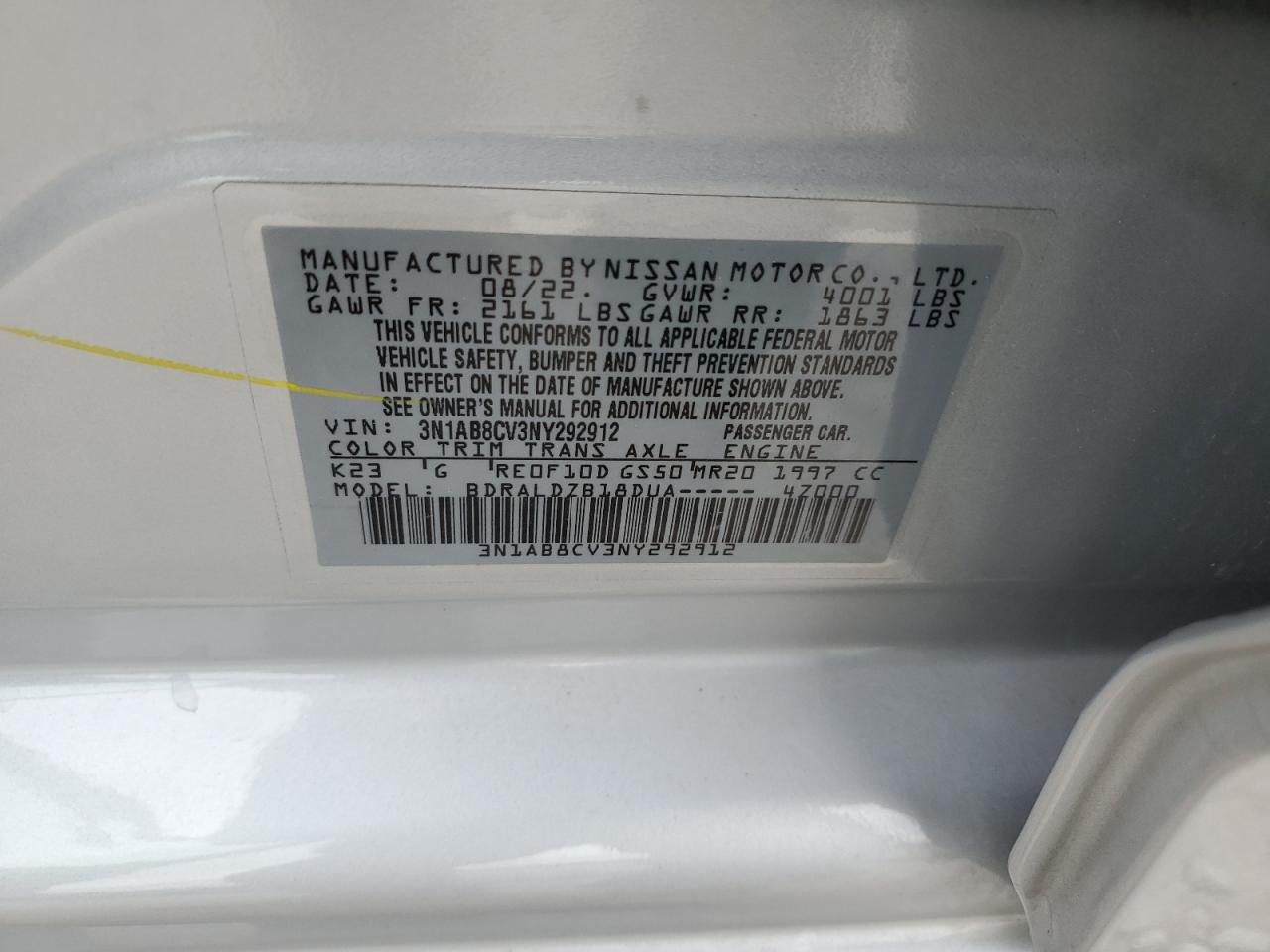 3N1AB8CV3NY292912 2022 Nissan Sentra Sv