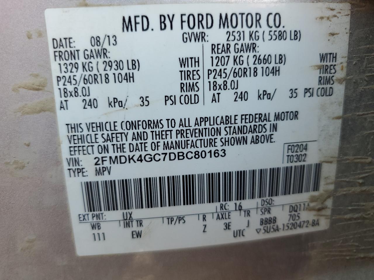 2FMDK4GC7DBC80163 2013 Ford Edge Se