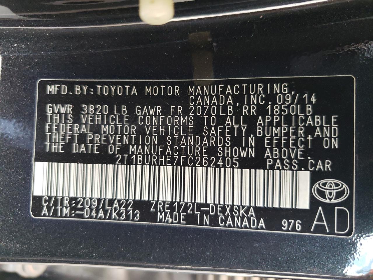 2015 Toyota Corolla L vin: 2T1BURHE7FC262405