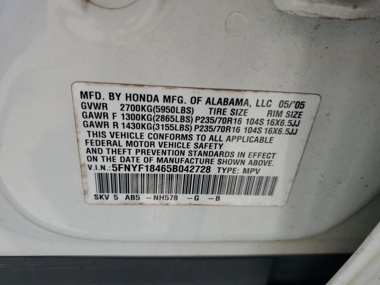 5FNYF18465B042728 2005 Honda Pilot Ex