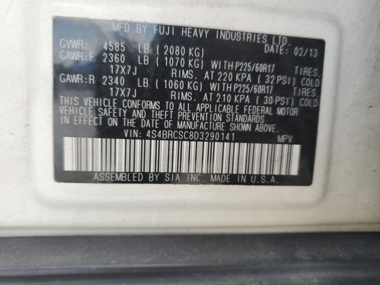 4S4BRCSC8D3290141 2013 Subaru Outback 2.5I Limited