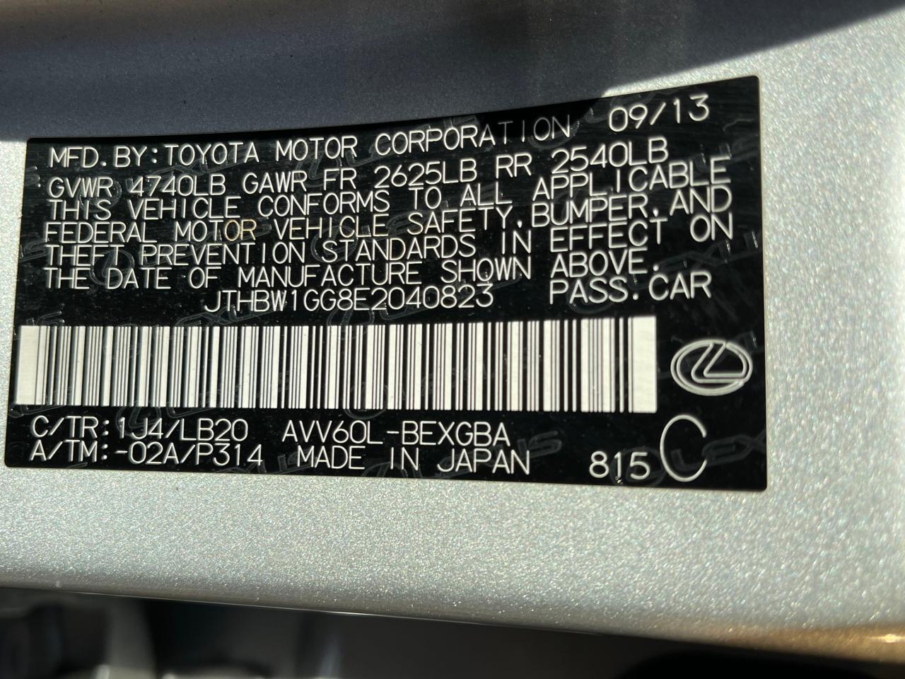 JTHBW1GG8E2040823 2014 Lexus Es 300H