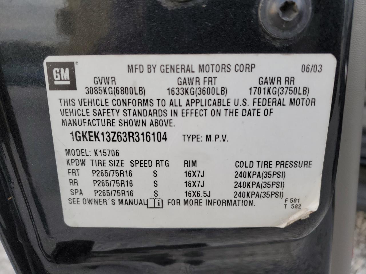 1GKEK13Z63R316104 2003 GMC Yukon