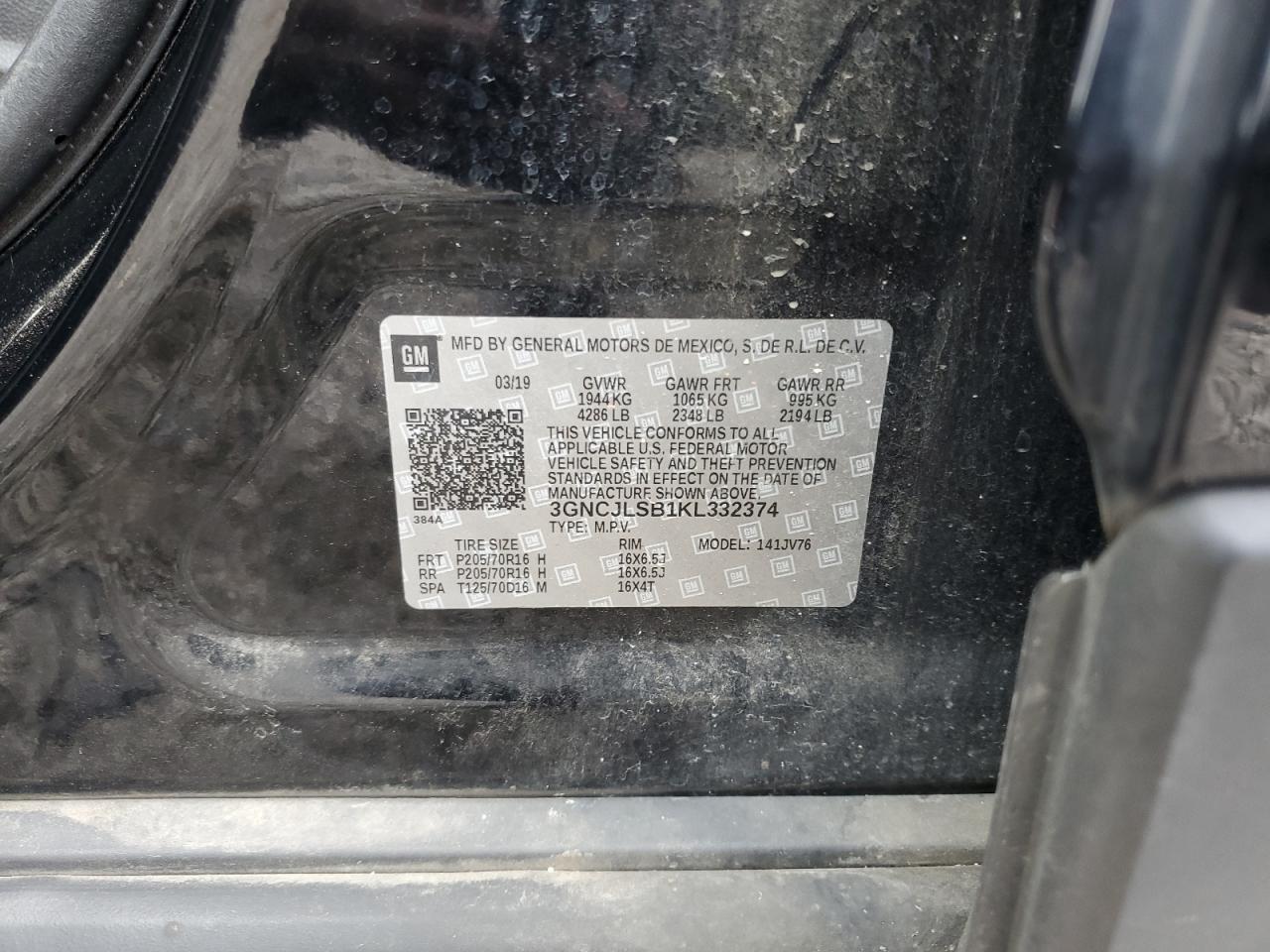 3GNCJLSB1KL332374 2019 Chevrolet Trax 1Lt