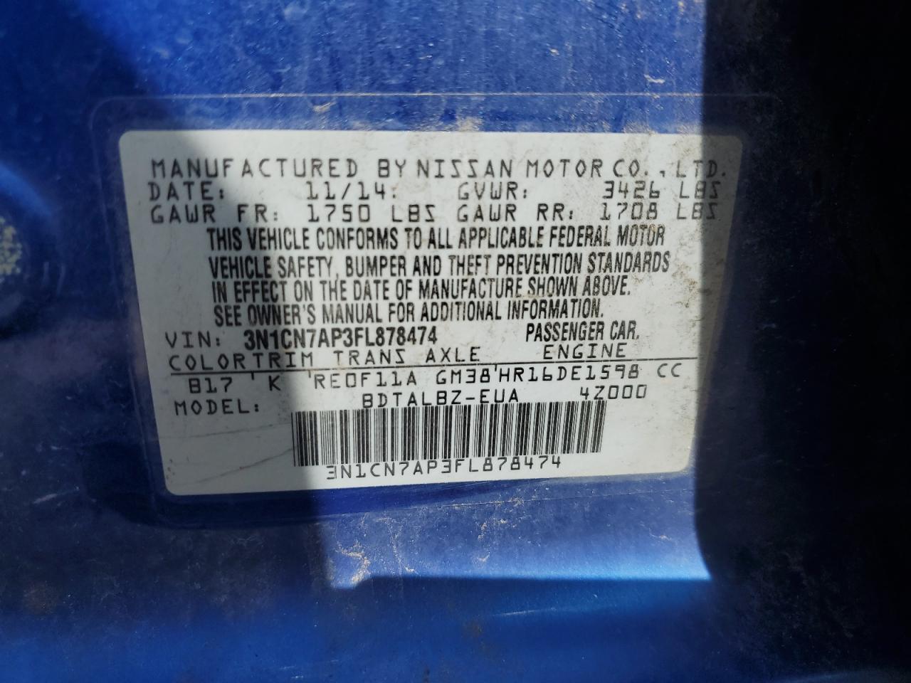 3N1CN7AP3FL878474 2015 Nissan Versa S