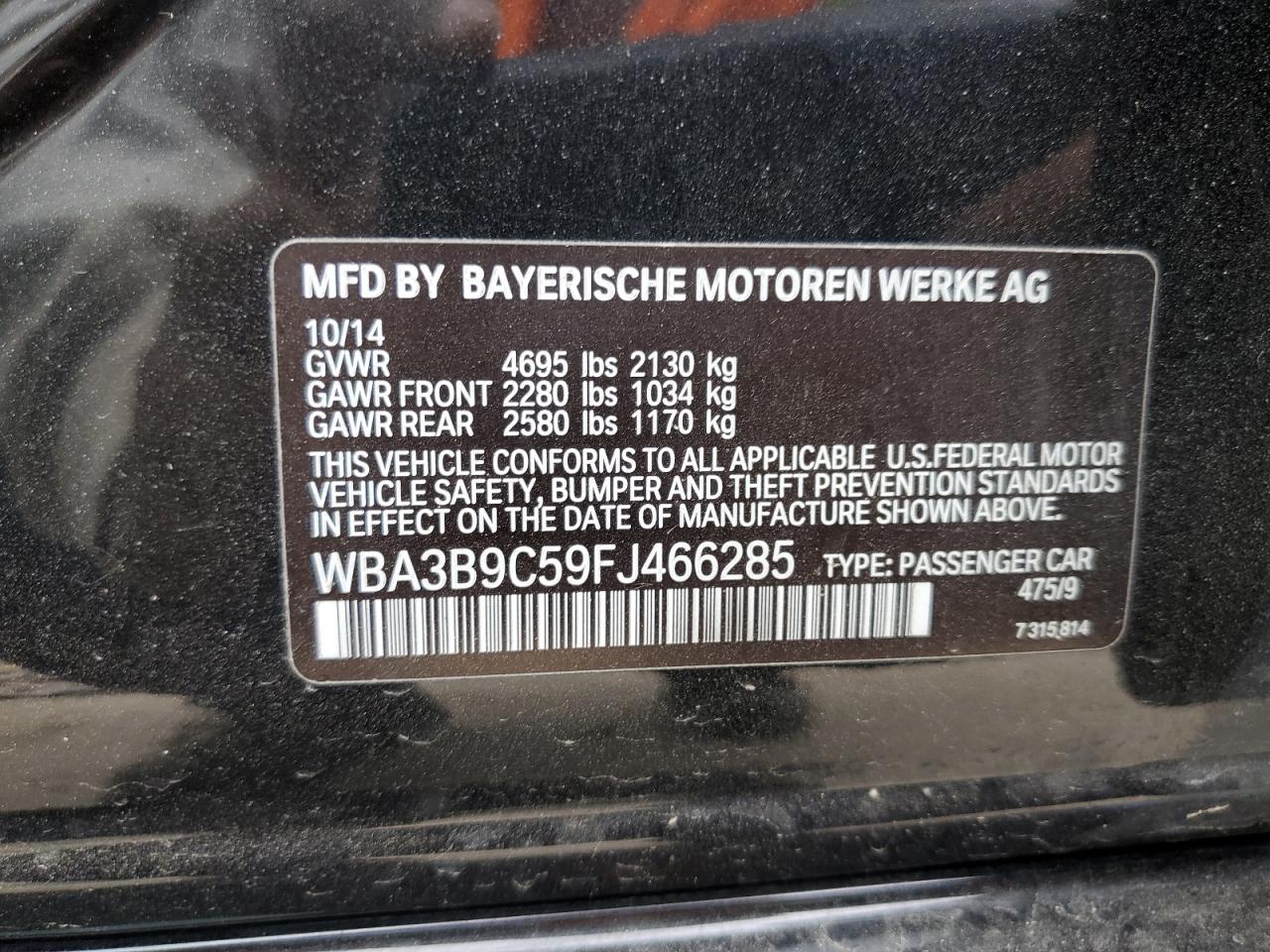 WBA3B9C59FJ466285 2015 BMW 335 Xi