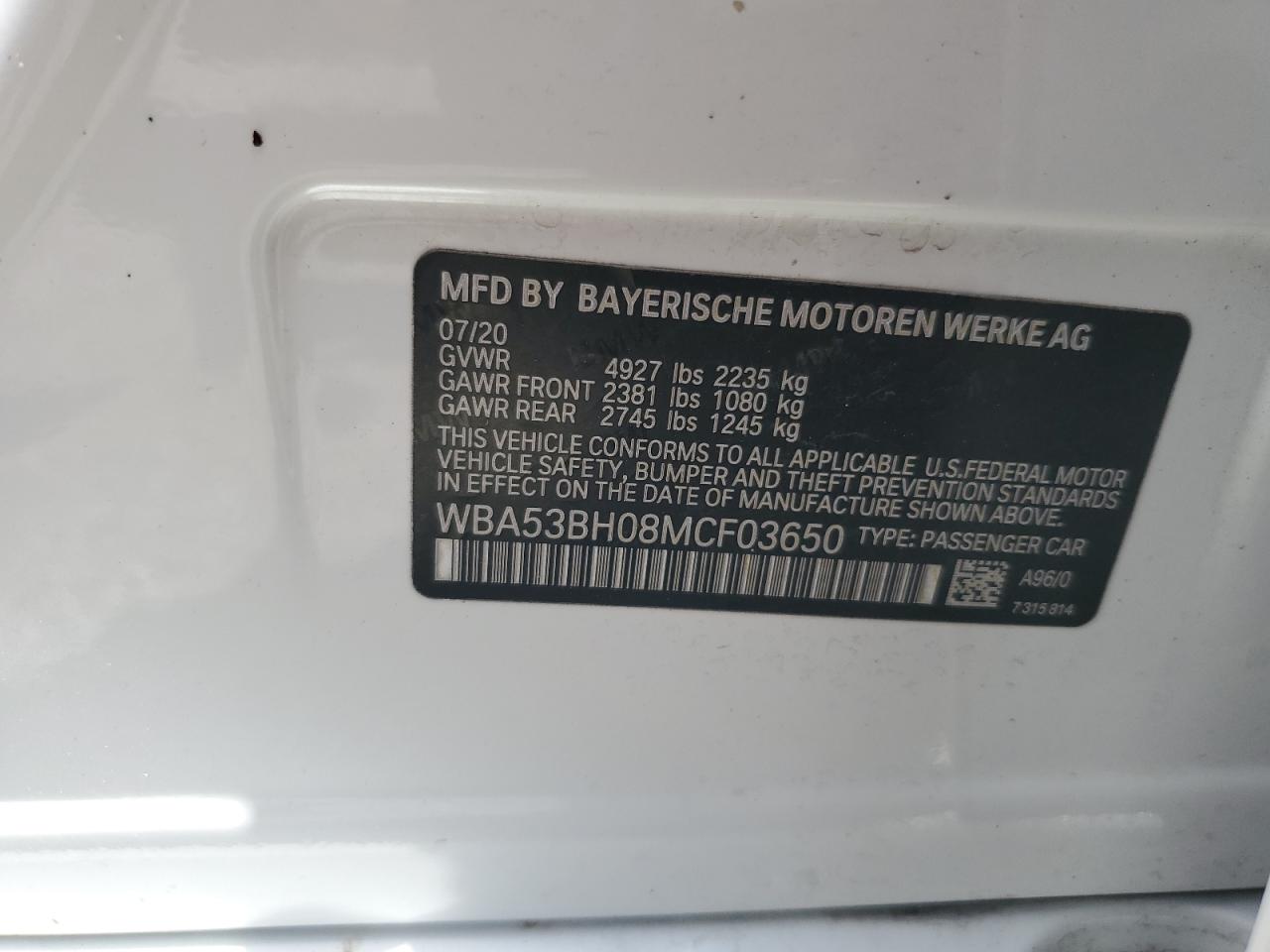 WBA53BH08MCF03650 2021 BMW 530 I