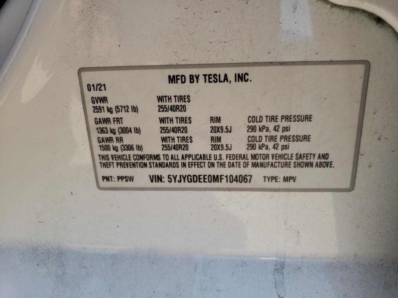 2021 Tesla Model Y vin: 5YJYGDEE0MF104067