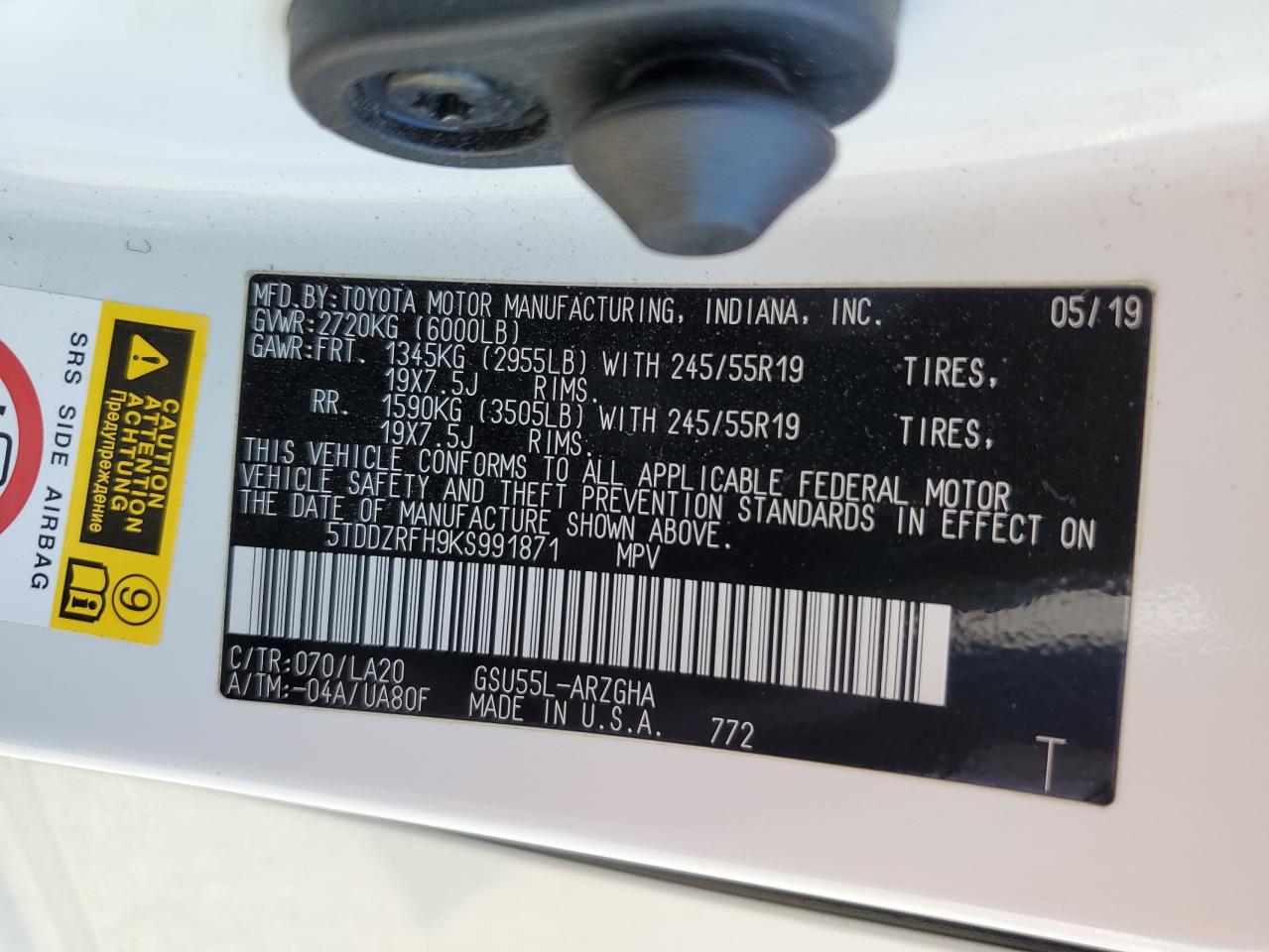 5TDDZRFH9KS991871 2019 Toyota Highlander Limited