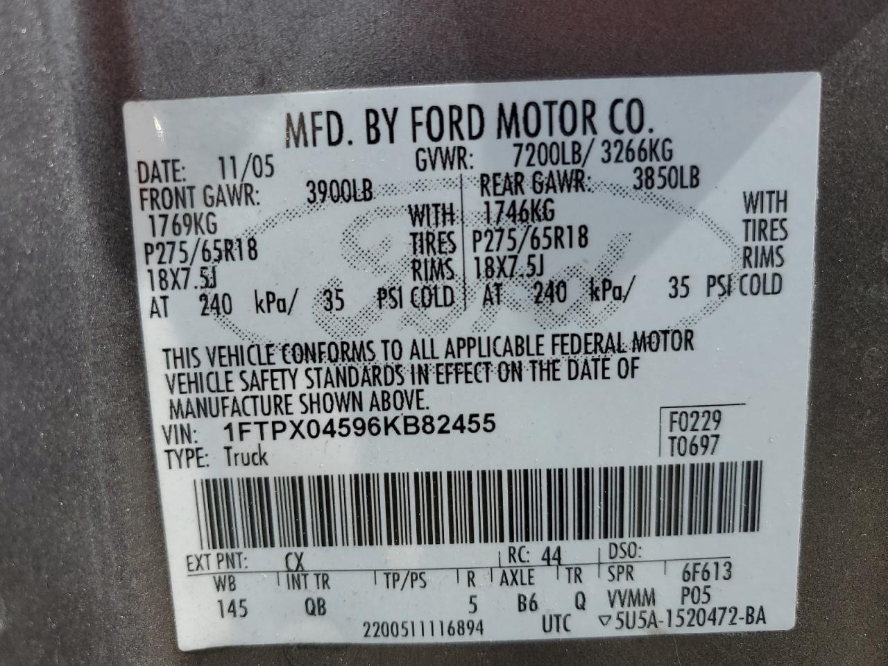 1FTPX04596KB82455 2006 Ford F150