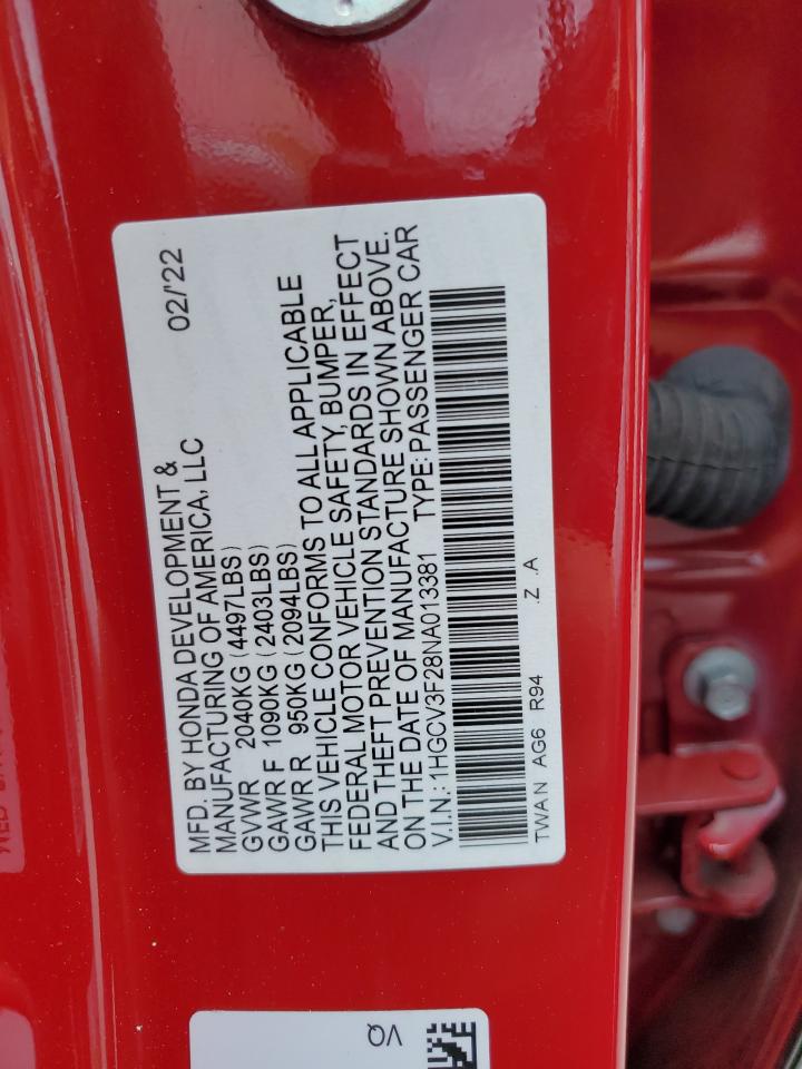 1HGCV3F28NA013381 2022 Honda Accord Hybrid Sport